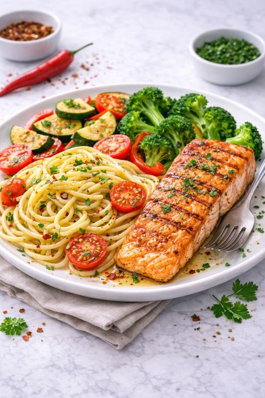 Salmona alla griglia con spaghetti al'olio